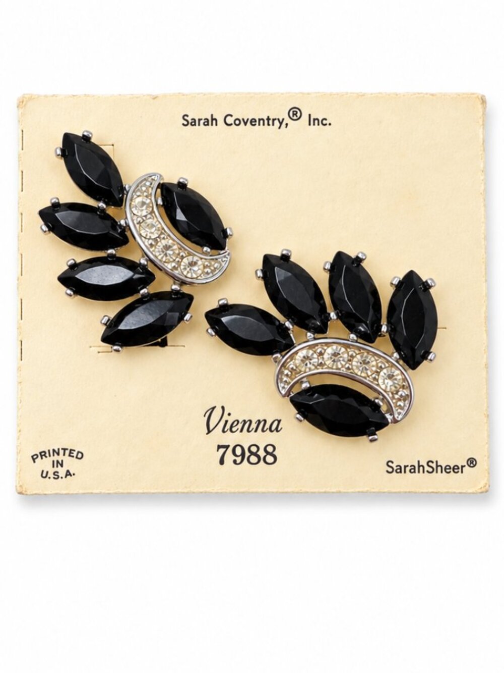 1964 Sarah Coventry Vienna 7988 Black Rhinestone Vintage Clip Earrings